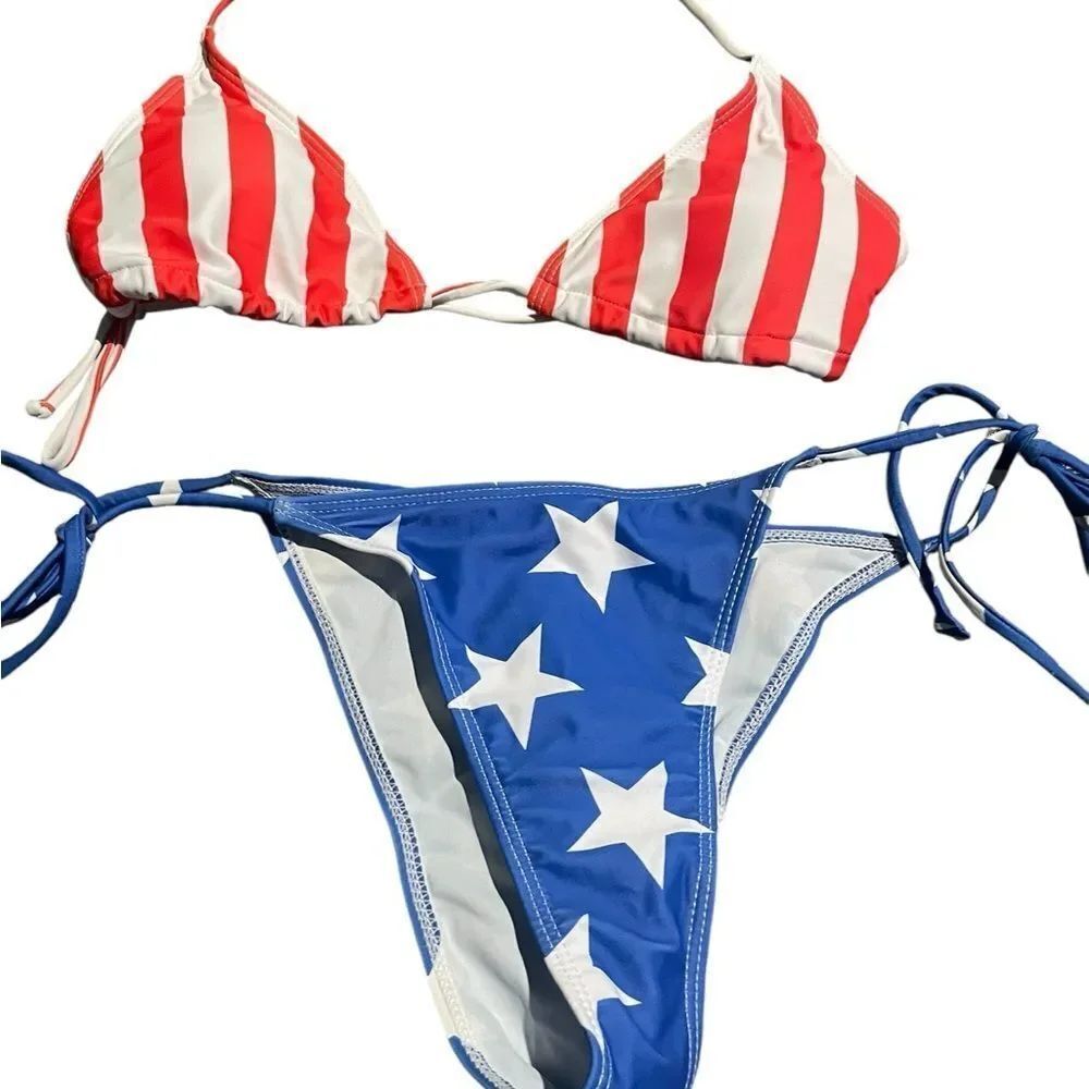 SHEIN Red Striped and Blue Star Bikini Set never worn size small